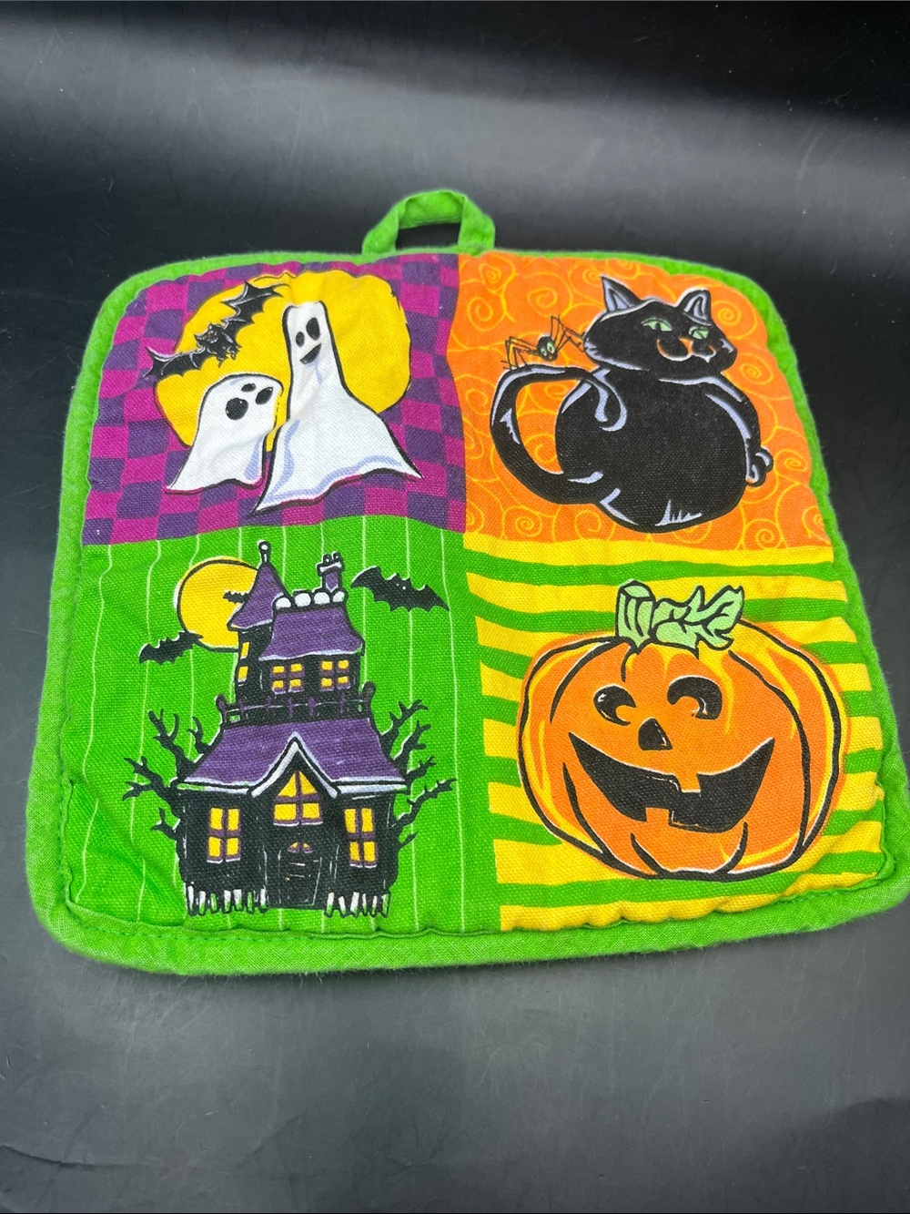1990s vintage Halloween Patchwork Pot Holder - Pumpkin ghosts cat neon whimsy